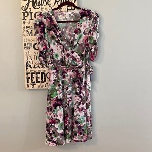 NWT London Times Faux Wrap Watercolor Print Ruched Sleeves Dress Size 10